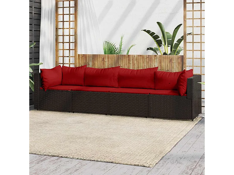 4-tlg. Garten-Lounge-Set mit Kissen Braun Poly Rattan