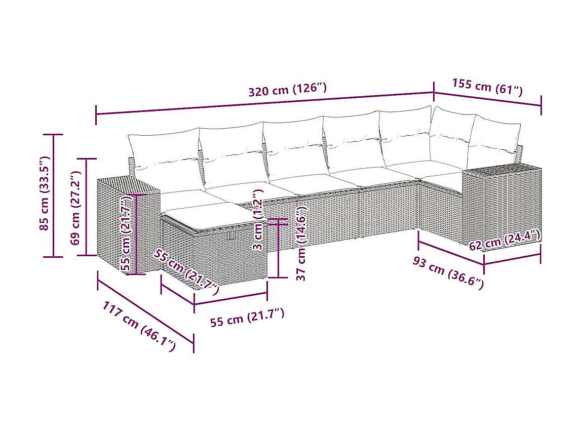 7 pcs conjunto de sofás p/ jardim com almofadões vime PE bege