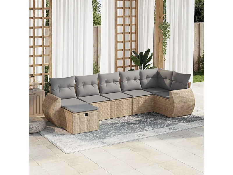 7-tlg. Garten-Sofagarnitur mit Kissen Beige Poly Rattan