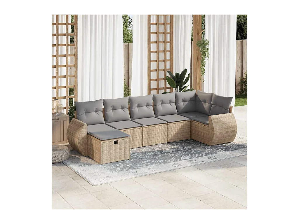 7-tlg. Garten-Sofagarnitur mit Kissen Beige Poly Rattan