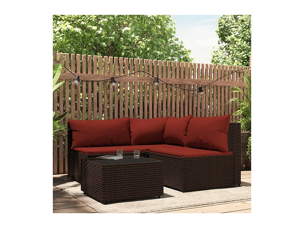 Salon de jardin 4 pcs avec coussins Marron Résine tressée