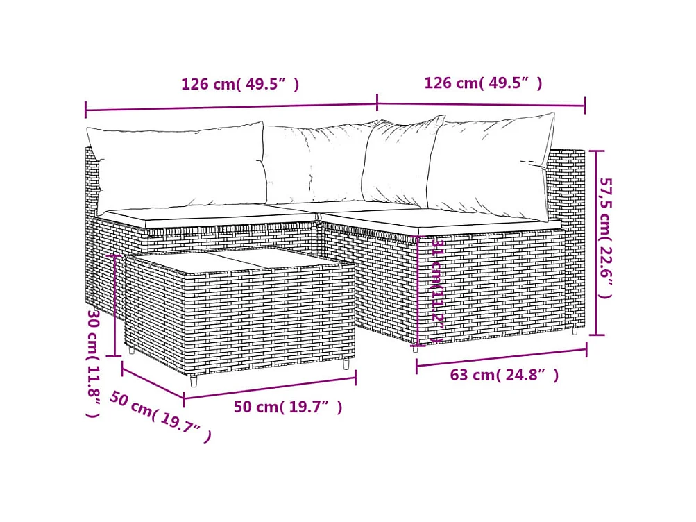 Salon de jardin 4 pcs avec coussins Marron Résine tressée