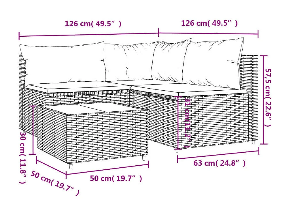 Salon de jardin 4 pcs avec coussins Marron Résine tressée