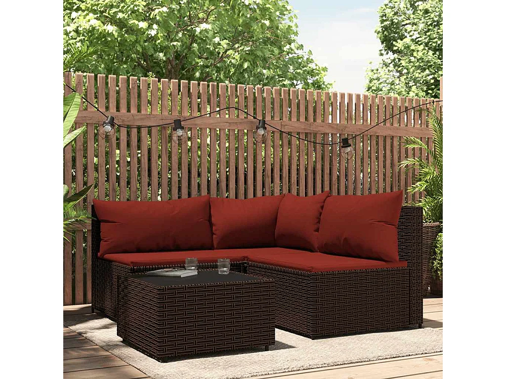 Salon de jardin 4 pcs avec coussins Marron Résine tressée