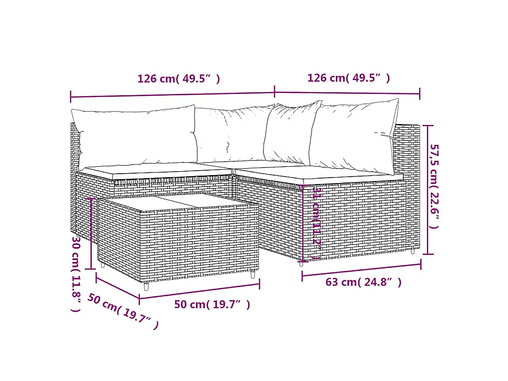 Salon de jardin 4 pcs avec coussins Marron Résine tressée