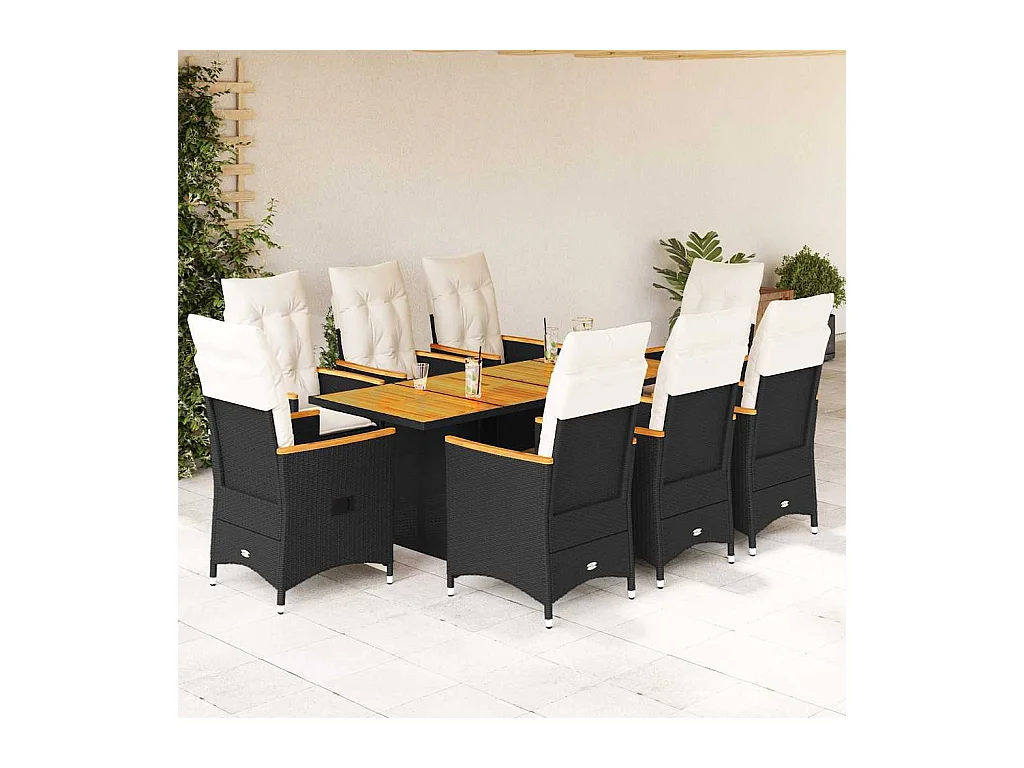 9-tlg. Garten-Essgruppe mit Kissen Schwarz Poly Rattan