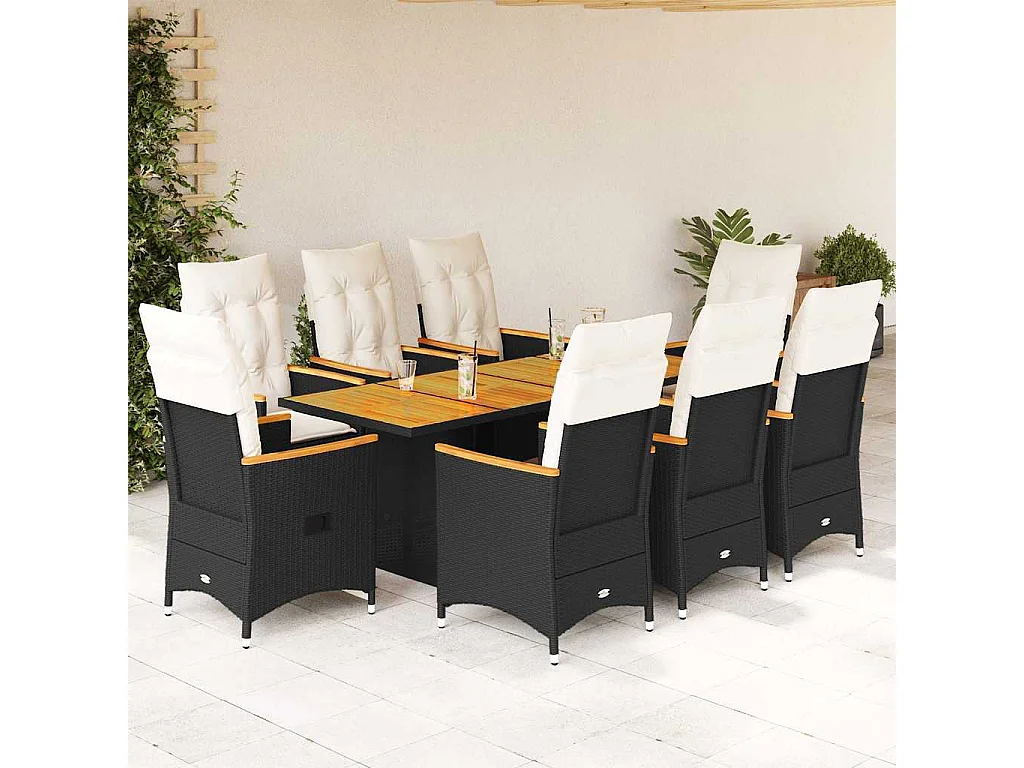 Ensemble à manger de jardin 9pcs coussins noir résine tressée