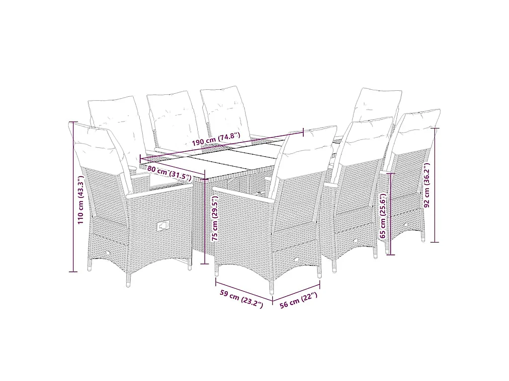 Ensemble à manger de jardin 9pcs coussins noir résine tressée