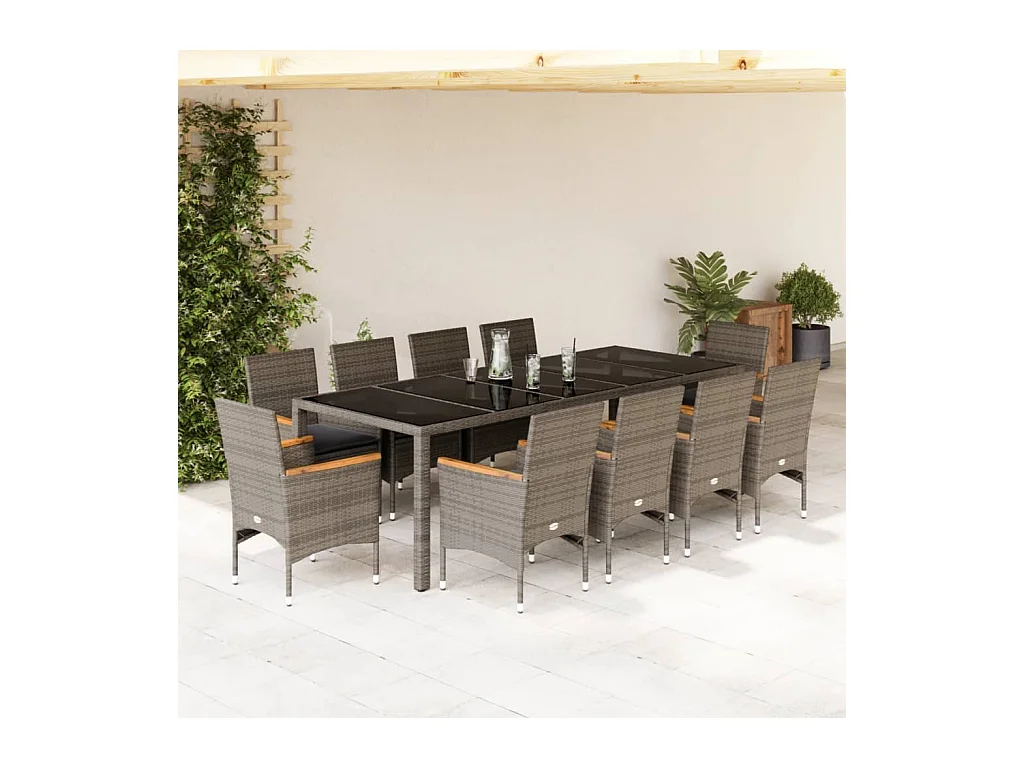Ensemble à manger de jardin et coussins 11 pcs gris rotin verre