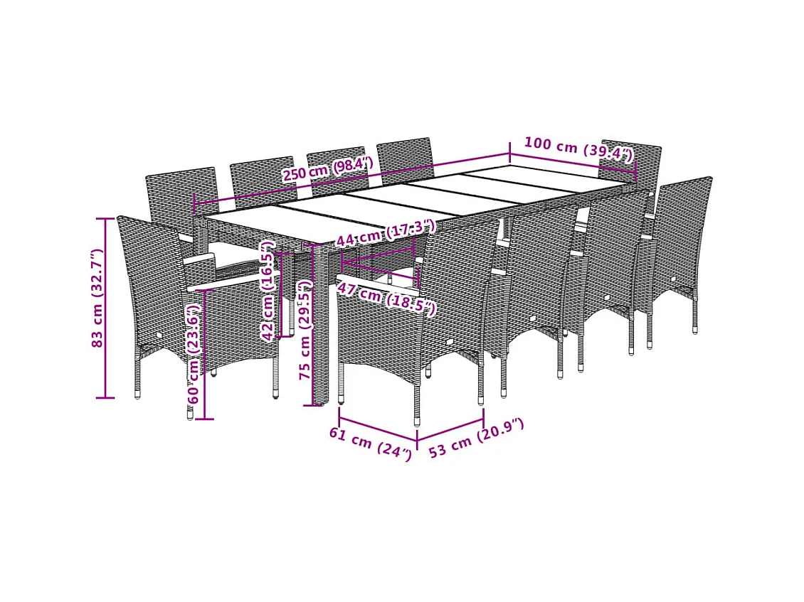 Ensemble à manger de jardin et coussins 11 pcs gris rotin verre