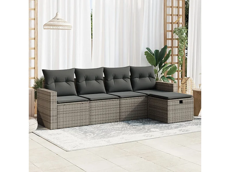 Set Divano da Giardino 5 pz con Cuscini Grigio in Polyrattan