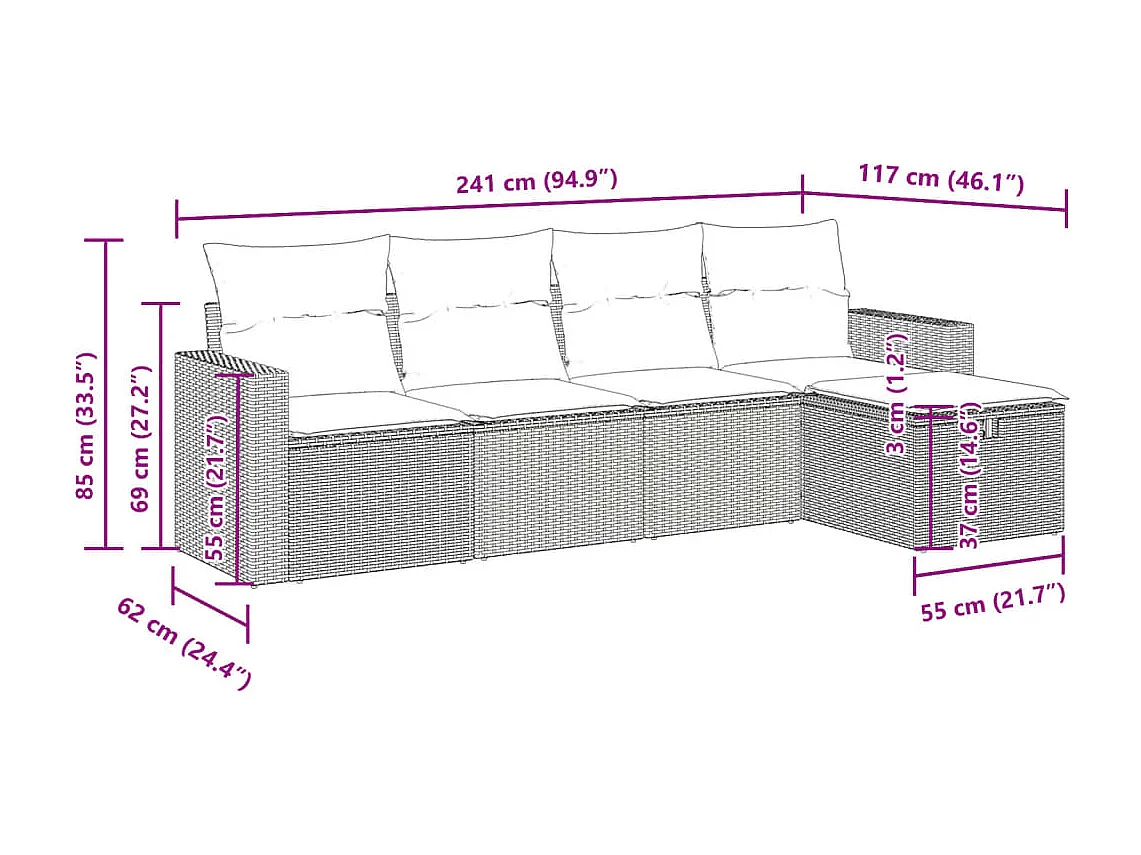 5 pcs conjunto sofás de jardim c/ almofadões vime PE cinzento