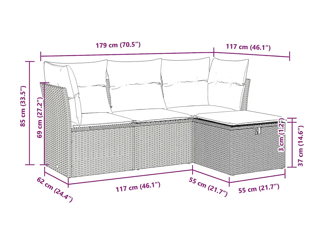Set Divano da Giardino 4 pz con Cuscini Beige in Polyrattan