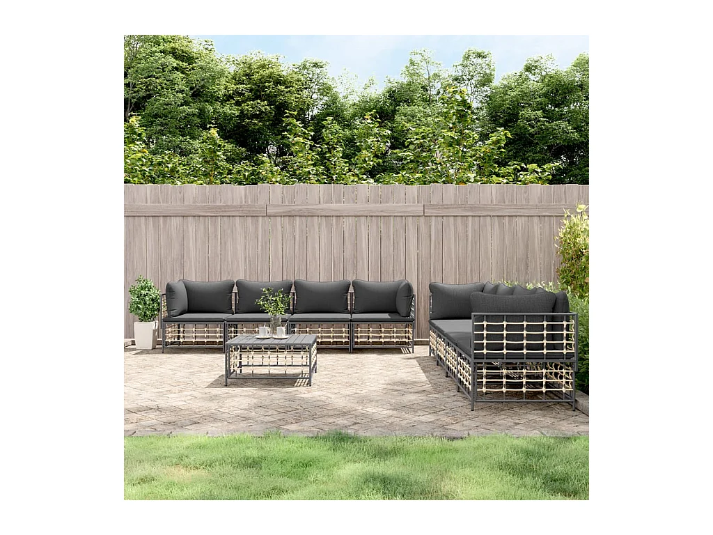 Salon de jardin 9 pcs avec coussins anthracite résine tressée