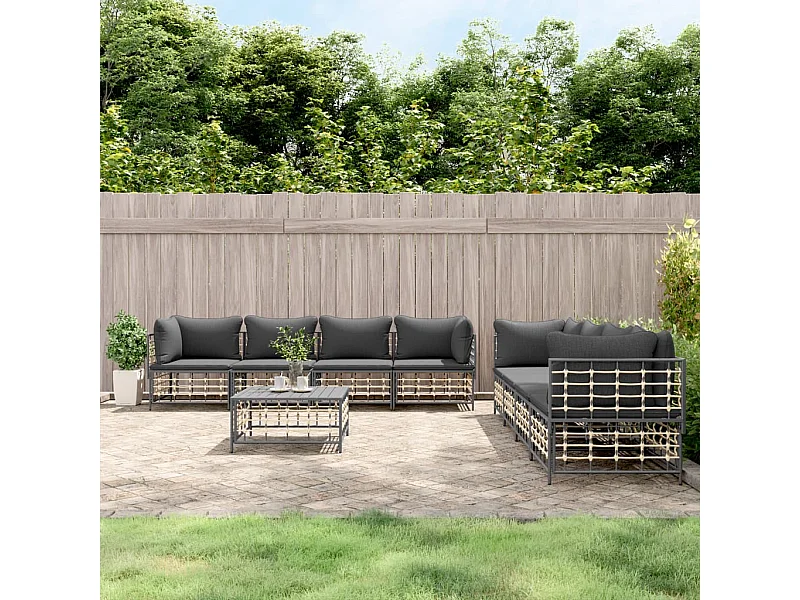 Salon de jardin 9 pcs avec coussins anthracite résine tressée