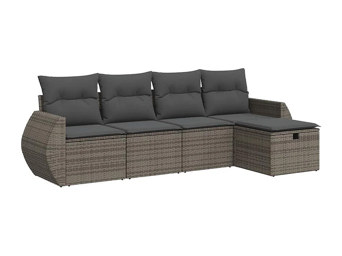 5 pcs conjunto sofás de jardim c/ almofadões vime PE cinzento