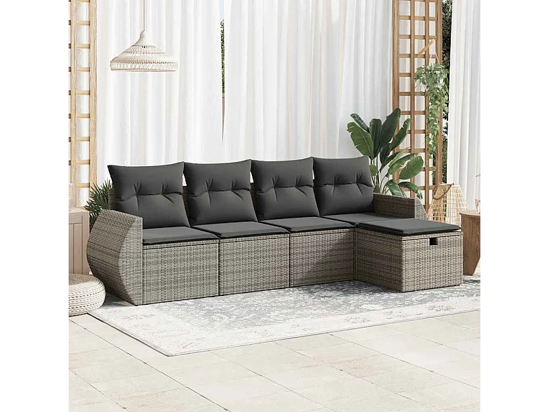 5 pcs conjunto sofás de jardim c/ almofadões vime PE cinzento