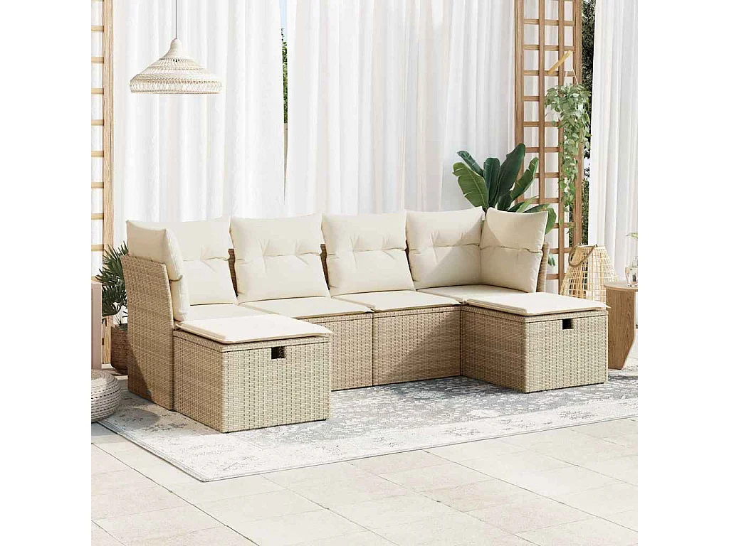6-tlg. Garten-Sofagarnitur mit Kissen Beige Poly Rattan