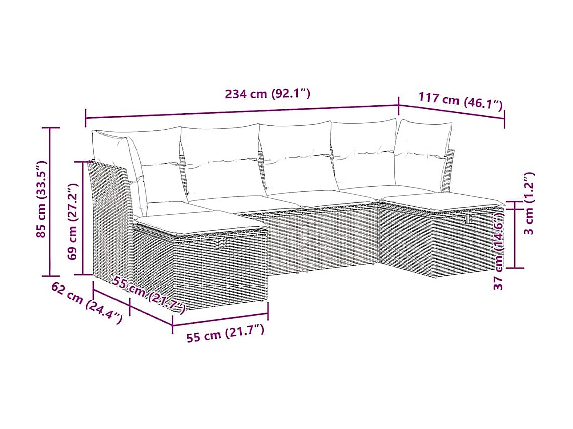 6-tlg. Garten-Sofagarnitur mit Kissen Beige Poly Rattan