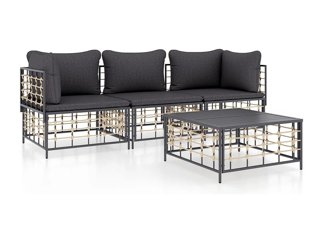4-delige Loungeset met kussens poly rattan antracietkleurig