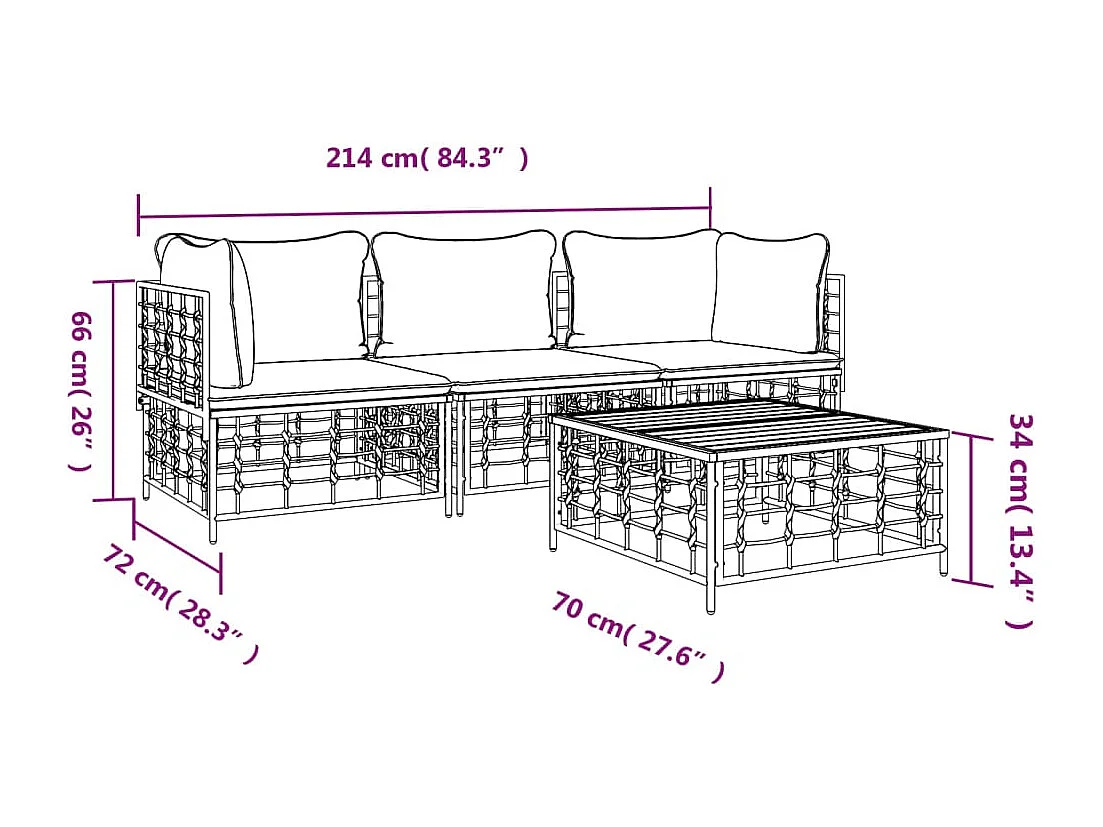 4-delige Loungeset met kussens poly rattan antracietkleurig