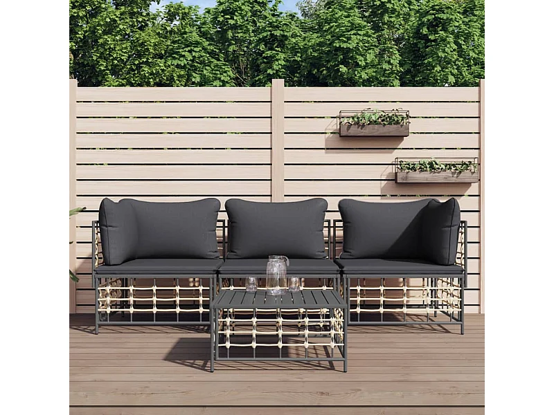 Salon de jardin 4 pcs avec coussins anthracite résine tressée