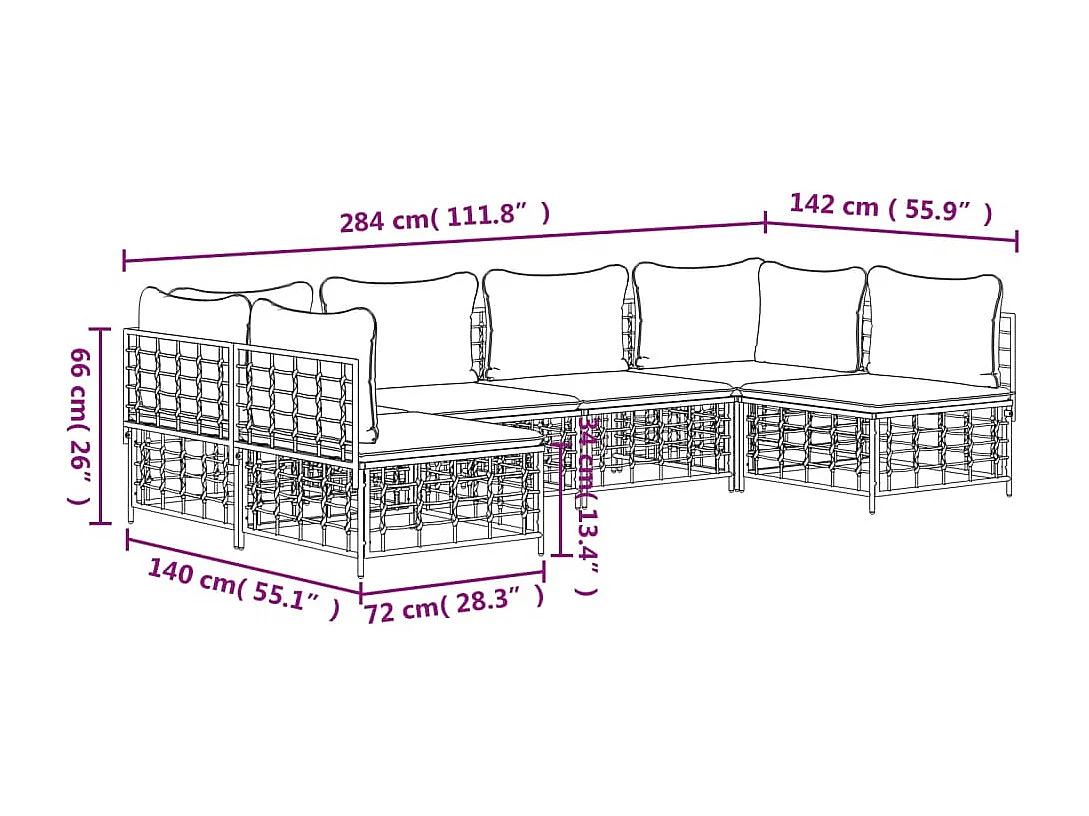 Salon de jardin 6 pcs avec coussins anthracite résine tressée