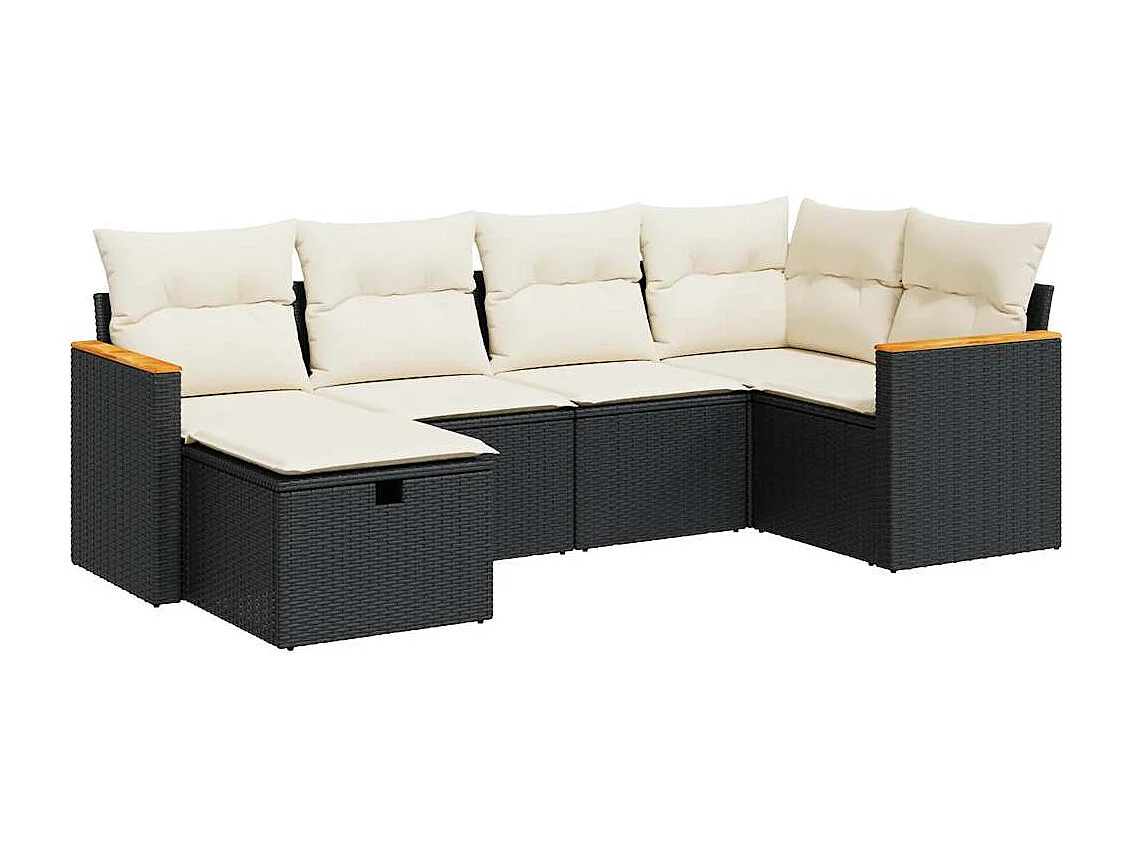 Salon de jardin 6 pcs avec coussins noir résine tressée