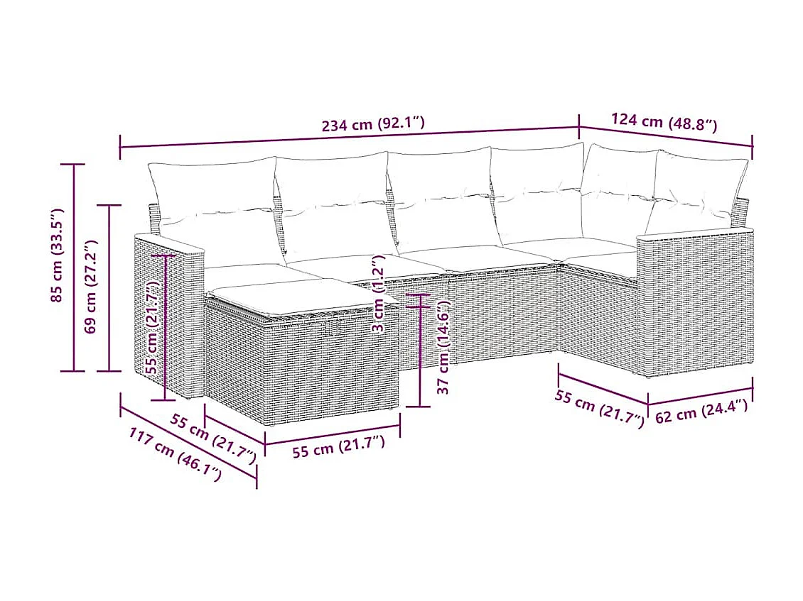 Set Divano da Giardino 6 pz con Cuscini Nero in Polyrattan