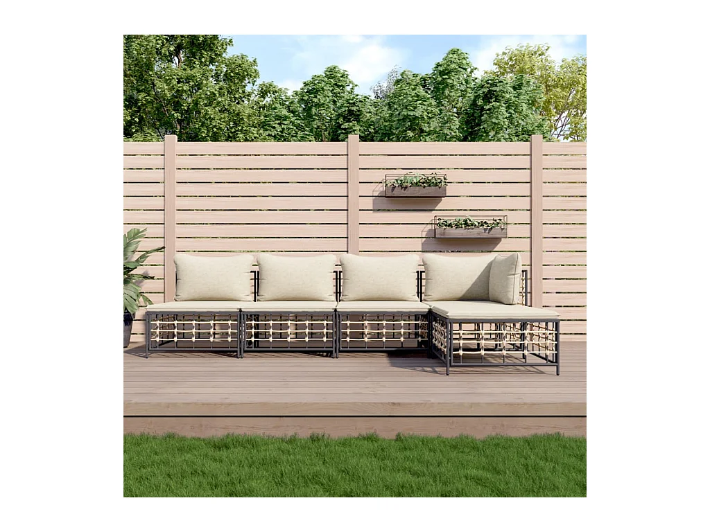 Salon de jardin 5 pcs avec coussins anthracite résine tressée