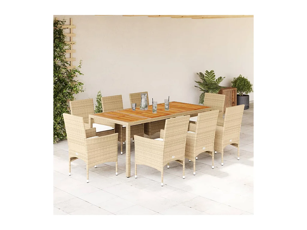 Ensemble à manger de jardin et coussins 9pcs beige rotin acacia