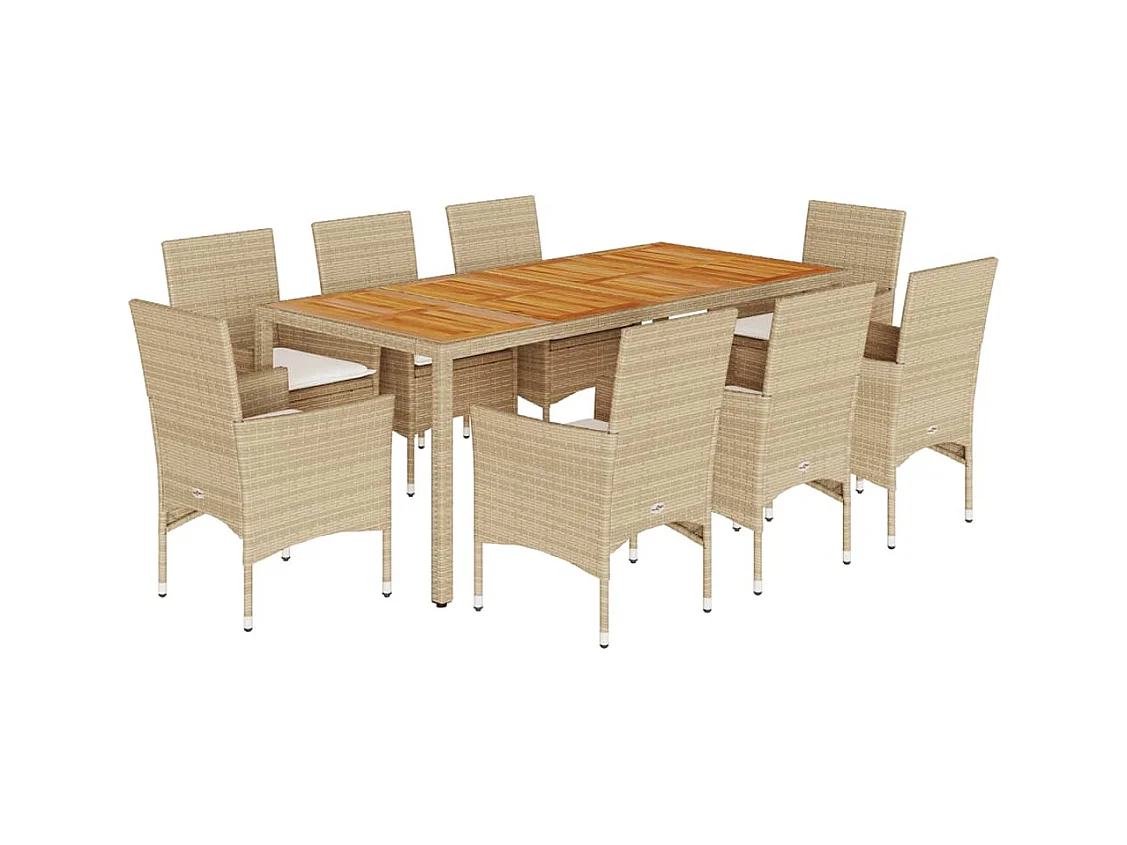 Ensemble à manger de jardin et coussins 9pcs beige rotin acacia
