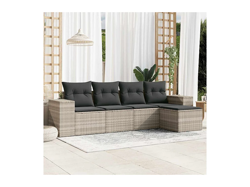 5-tlg. Garten-Sofagarnitur mit Kissen Hellgrau Poly Rattan