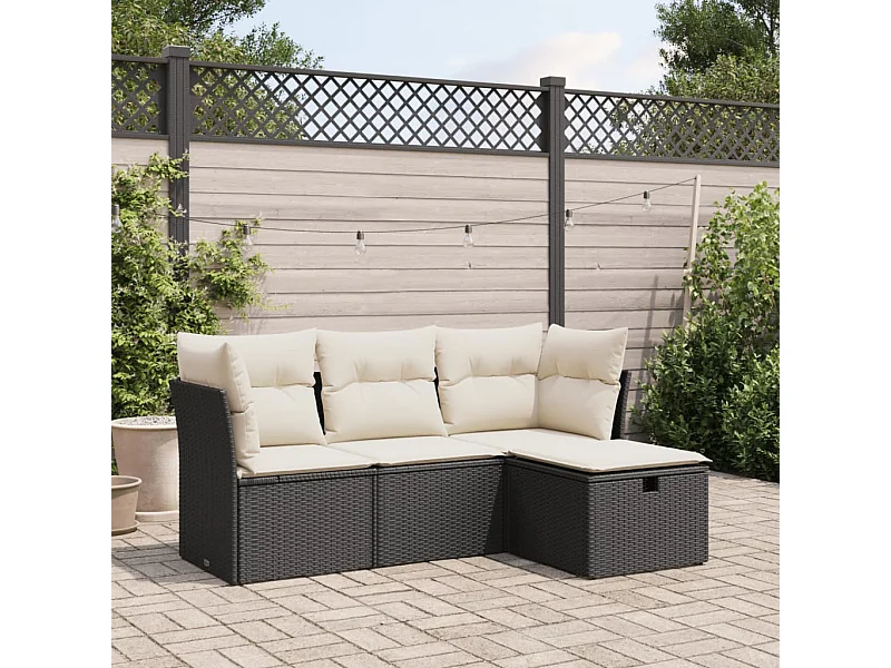 Salon de jardin 4 pcs avec coussins noir résine tressée