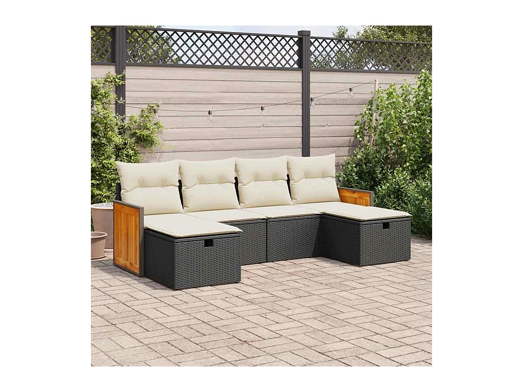 Salon de jardin 6 pcs avec coussins noir résine tressée