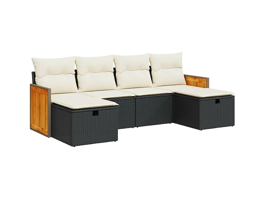 Salon de jardin 6 pcs avec coussins noir résine tressée
