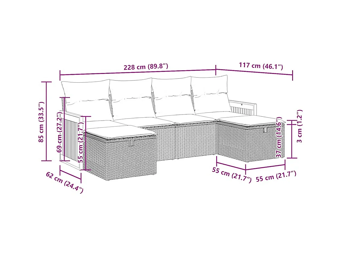 Salon de jardin 6 pcs avec coussins noir résine tressée
