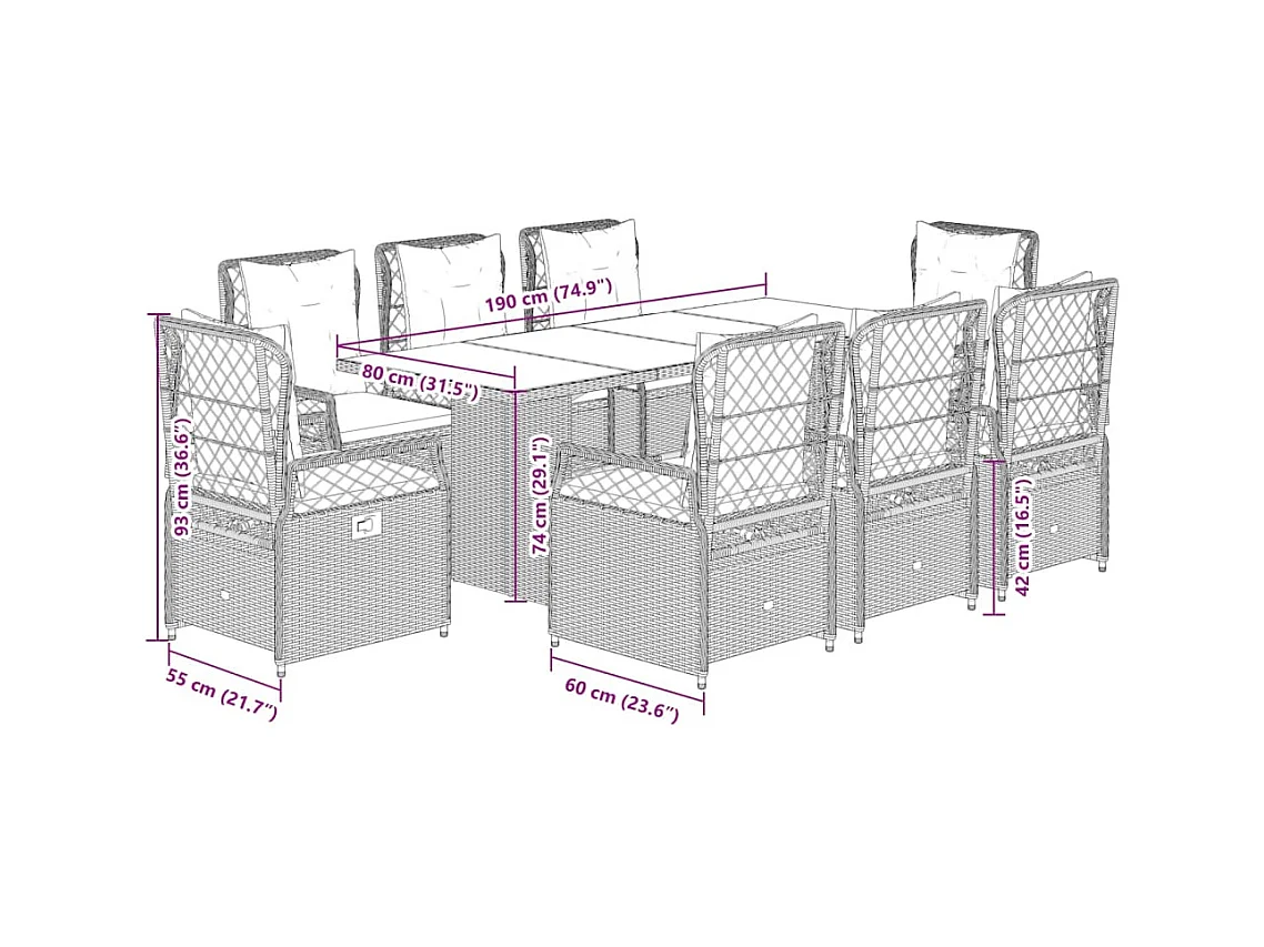9-delige Tuinset met kussens poly rattan beige