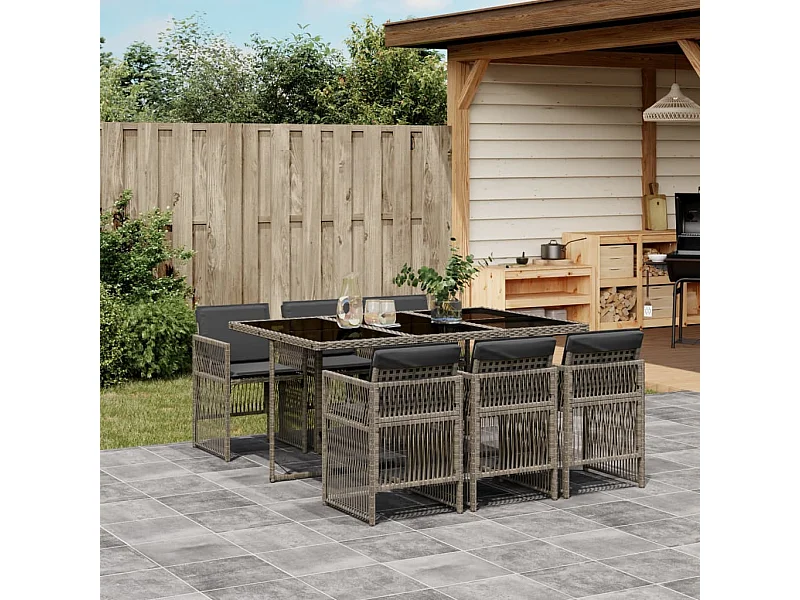 7-tlg. Garten-Essgruppe mit Kissen Grau Poly Rattan
