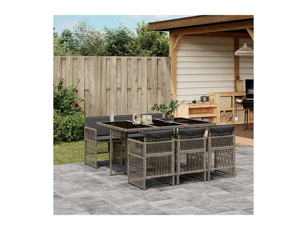 Ensemble à manger de jardin et coussins 7 pcs gris rotin