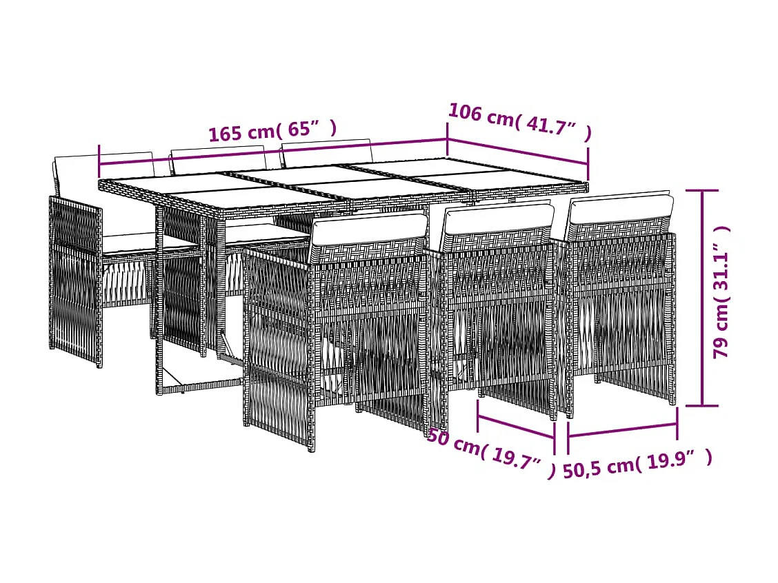 Ensemble à manger de jardin et coussins 7 pcs gris rotin