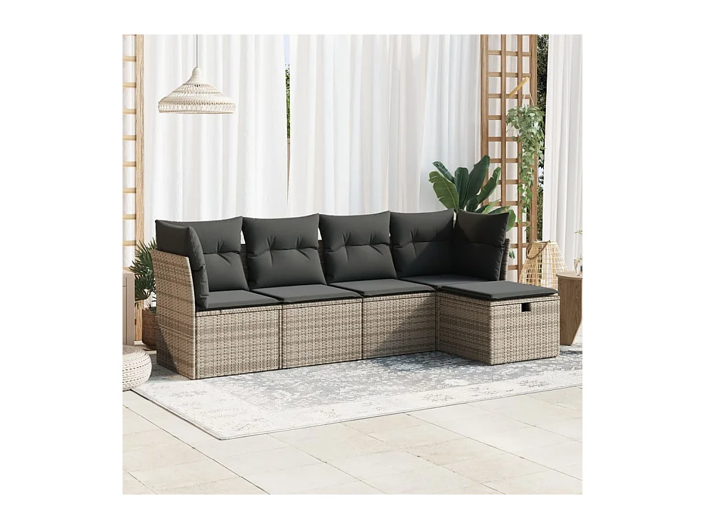 5 pcs conjunto sofás de jardim c/ almofadões vime PE cinzento