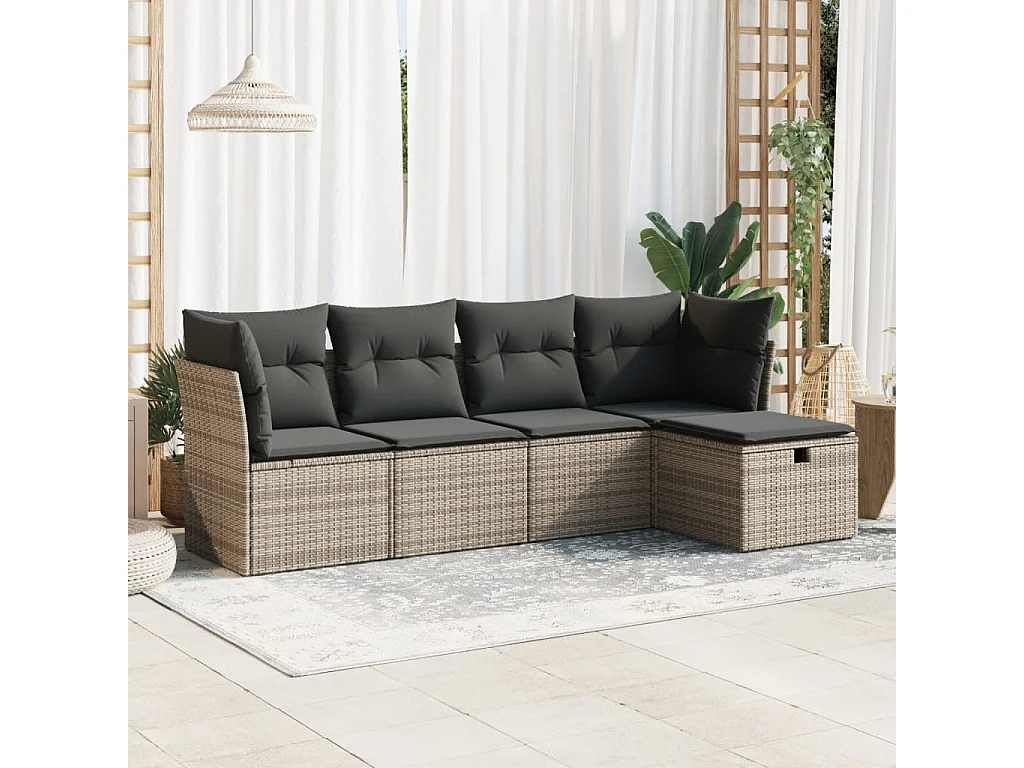 5 pcs conjunto sofás de jardim c/ almofadões vime PE cinzento