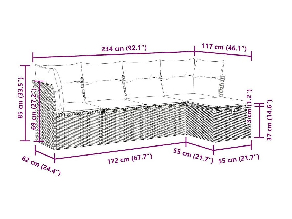 5 pcs conjunto sofás de jardim c/ almofadões vime PE cinzento