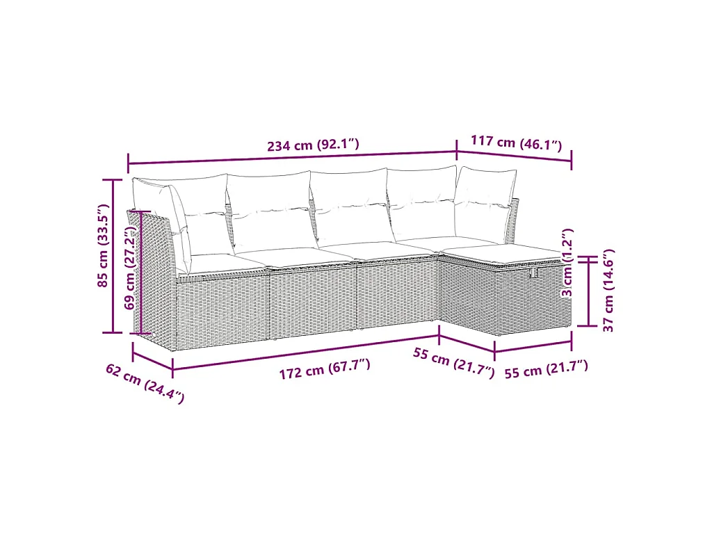 5-tlg. Garten-Sofagarnitur mit Kissen Grau Poly Rattan