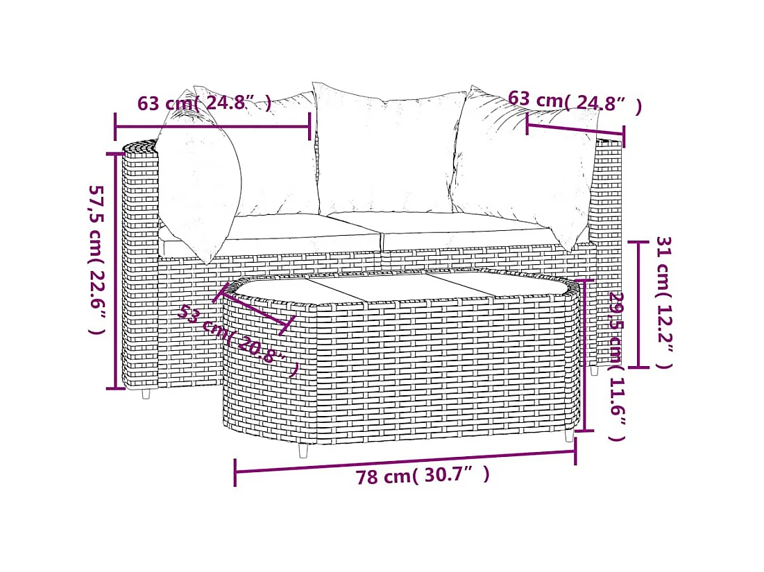 Salon de jardin 3 pcs avec coussins marron résine tressée