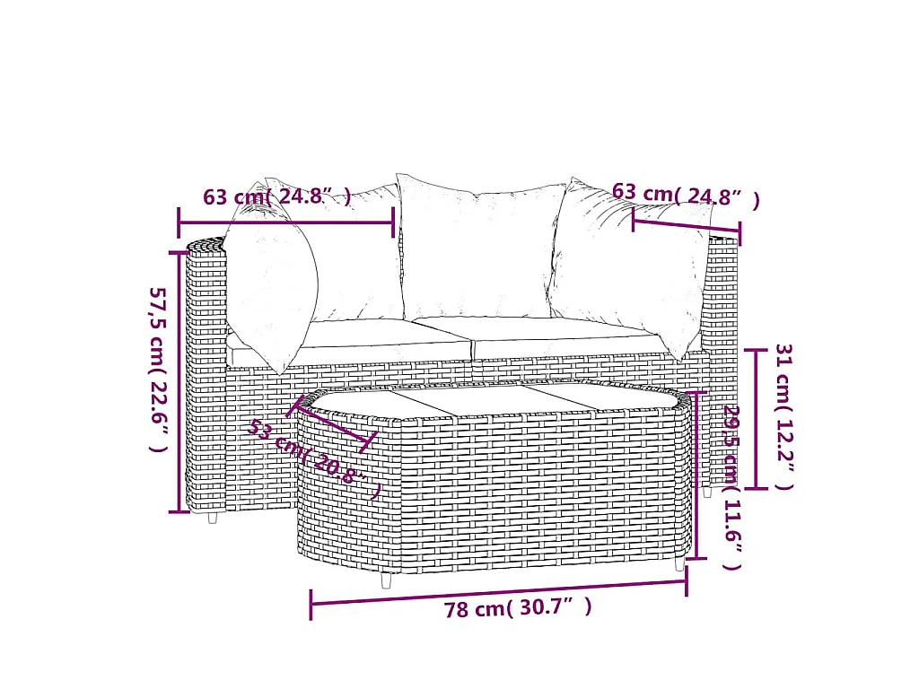 3-delige Loungeset met kussens poly rattan bruin