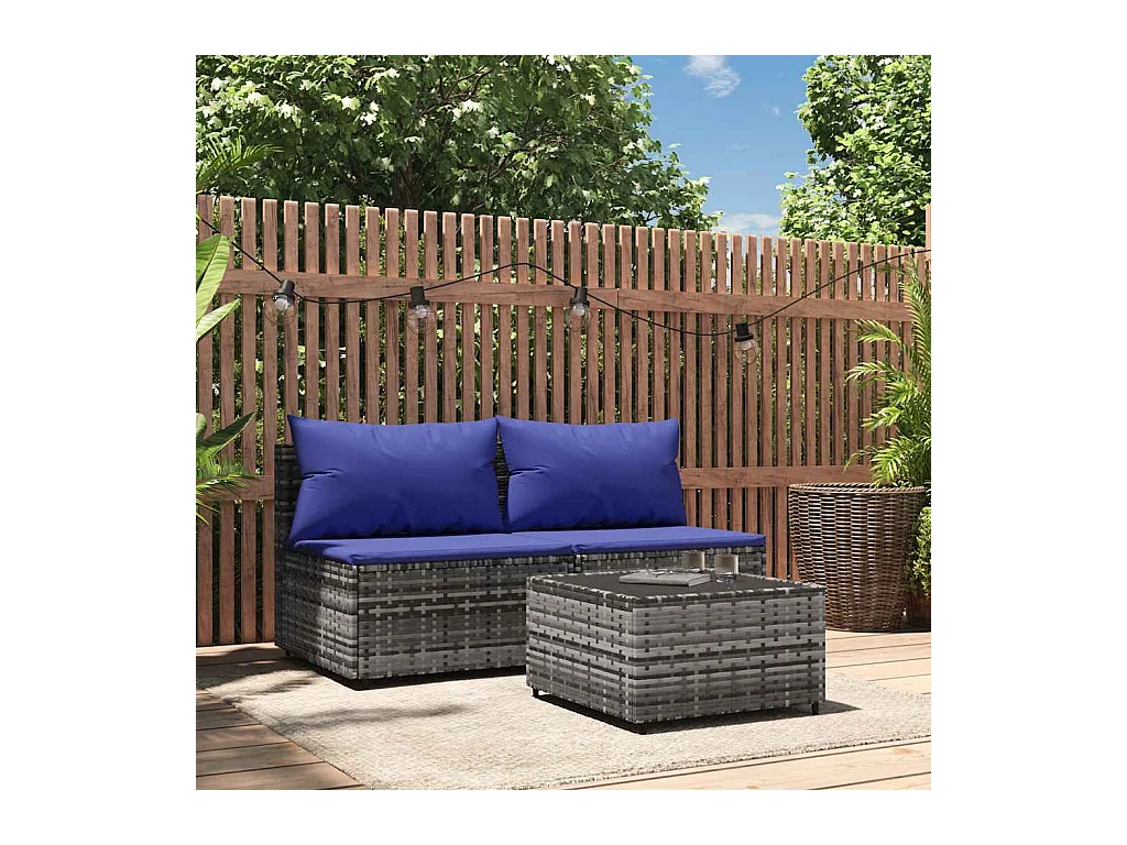 Salon de jardin 3 pcs avec coussins Gris Résine tressée