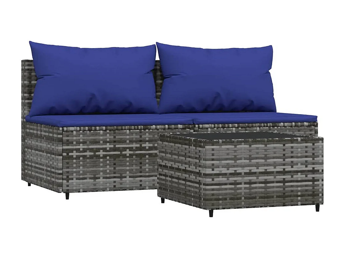 Salon de jardin 3 pcs avec coussins Gris Résine tressée