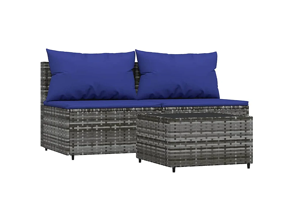 3-delige Loungeset met kussens poly rattan grijs